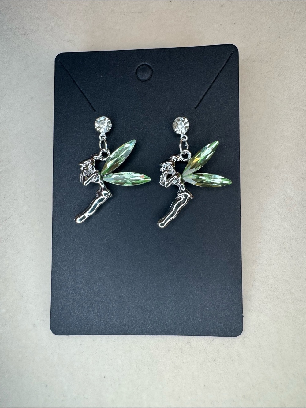 New Silver Fairy Drop Earrings with Light Green Crystal Wings